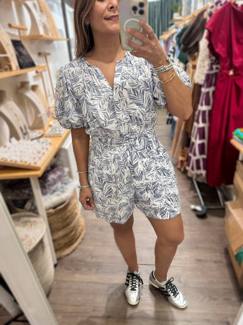 Blue Leaves Cinched Waist Romper
