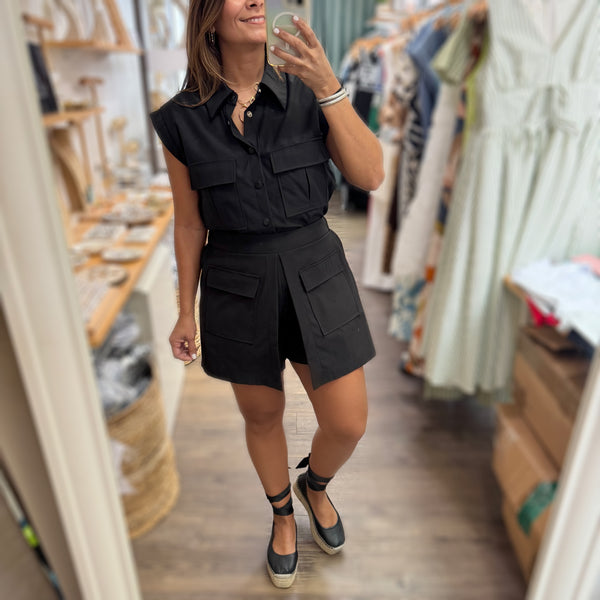 Black Front Pockets Top & Skort Set