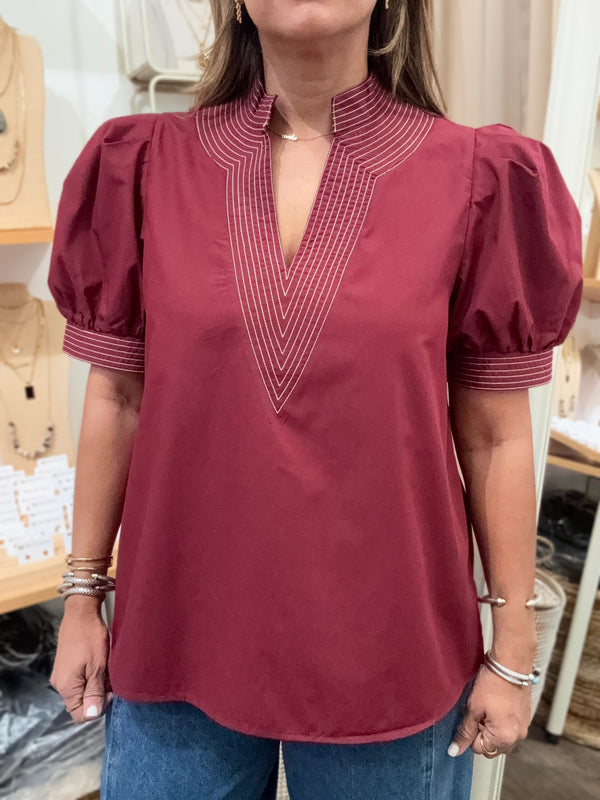 Burgundy Contrast Stitch Top