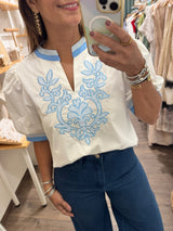 Ivory & Light Blue Stripes Contrast Top