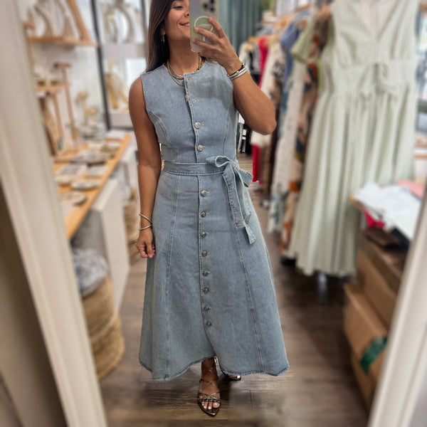Light Denim Buttoned Down Midi Dress
