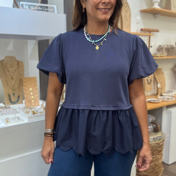 Navy Scalloped Hem Top