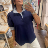 Navy & Blue Stripes Neck Top