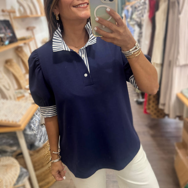 Navy & Blue Stripes Neck Top