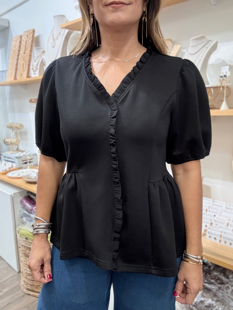 Black Ruffled Detail Top
