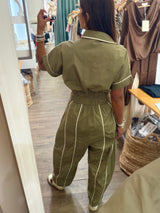 Olive Smocked Waist Barrel Jumpsuit