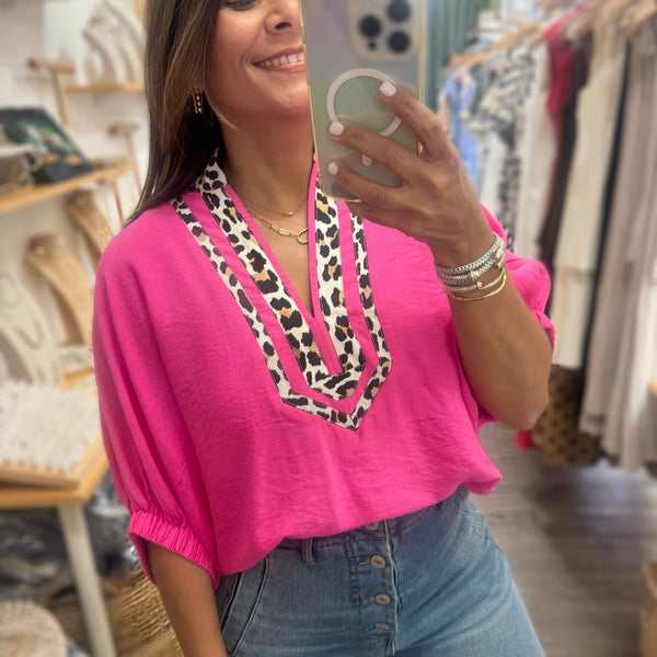 Hot Pink Leopard Print Neck Top