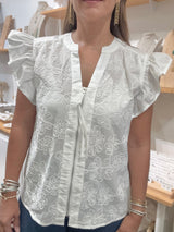 White Embroidered Front Zipper Top