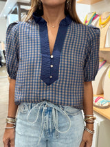 Navy Gingham Print Top
