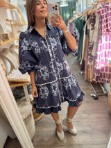 Navy Printed Button Down Dress