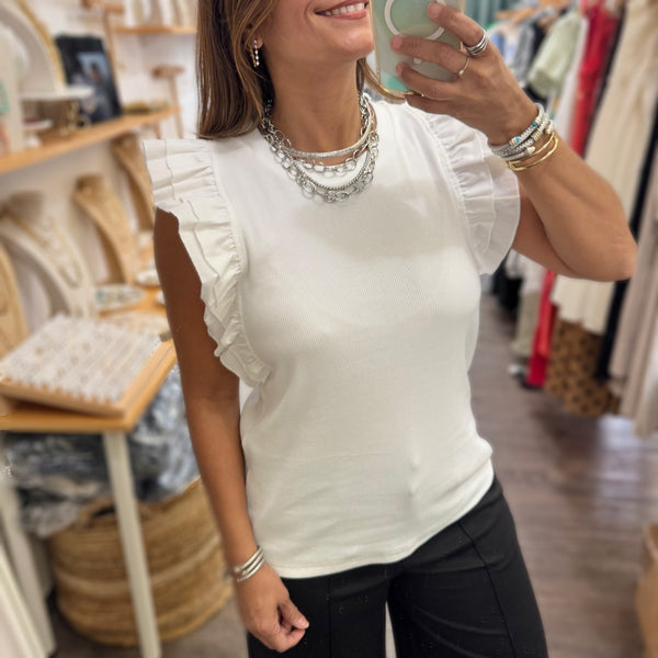 White Ruffled Sleeves Ribbed Top