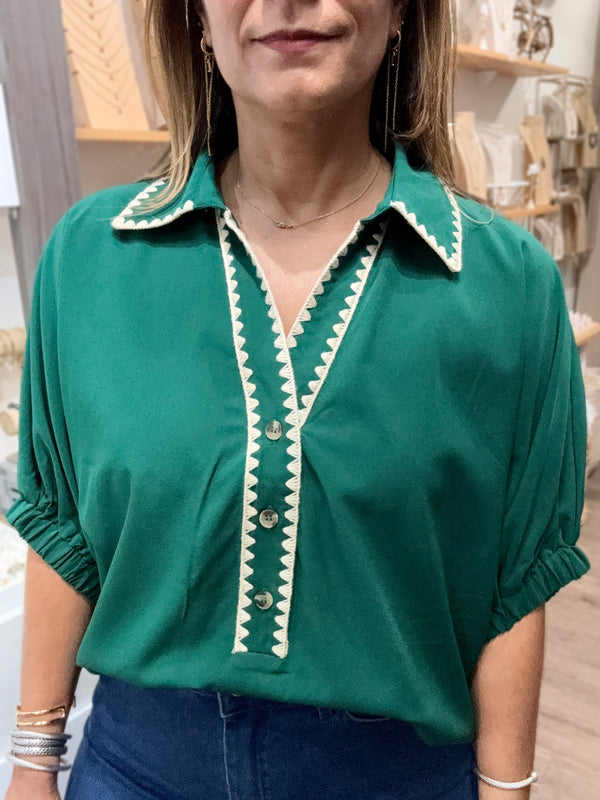 Hunter Green Embroidered Detail Collared Top