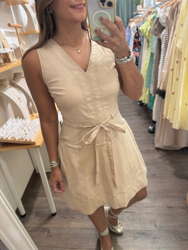 Beige Contrast Stitch Dress – Peplum Clothing