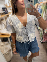 Blue Stripes & Crochet Contrast Top