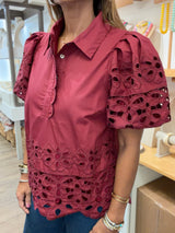Merlot Eyelet & Scalloped Detail Top