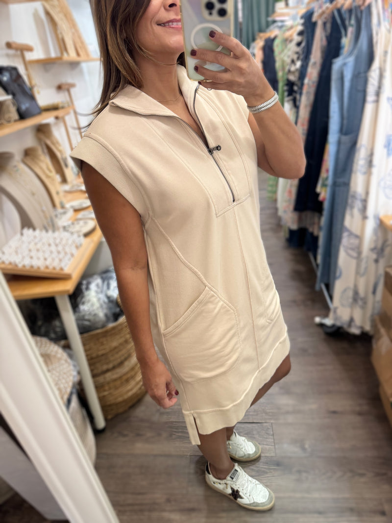 Beige Front Zipper Dress