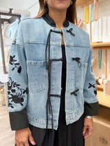 Mandarin Neck & Embroidered Sleeves Denim Jacket