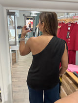 Black One Shoulder Drawstring Top