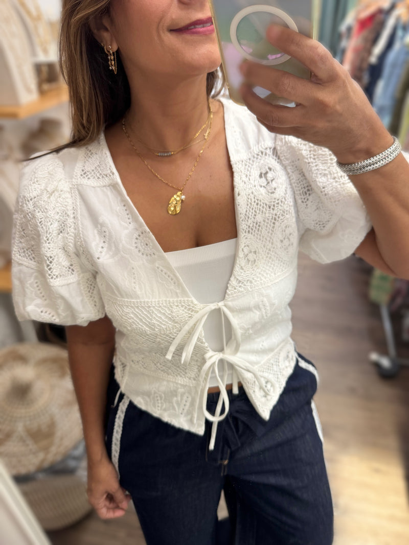 White Crochet Contrast Top