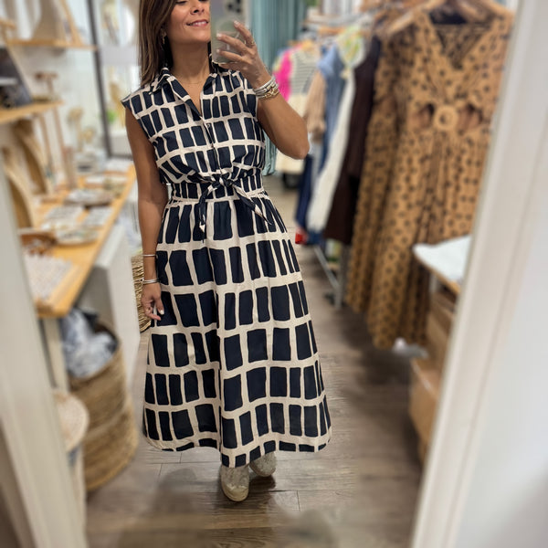 Navy Print Knot Detail Dress