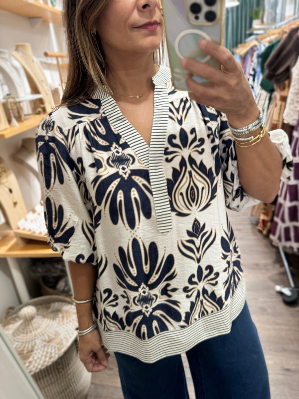 Navy Contrast Print Top