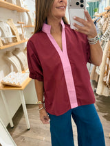 Merlot & Pink V-Neck Top
