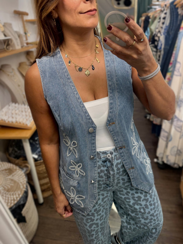 Flower Embroidery Denim Vest/Top
