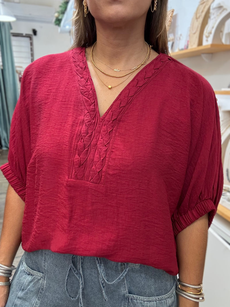 Wine Braided V-Neck Top