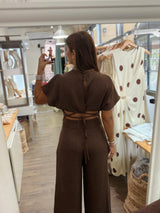 Brown Ruched Waist Jumpsuit