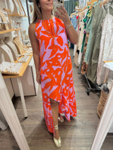 Fuchsia & Orange Asymmetrical Hem Dress