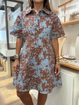 Blue & Brown Print Denim Dress