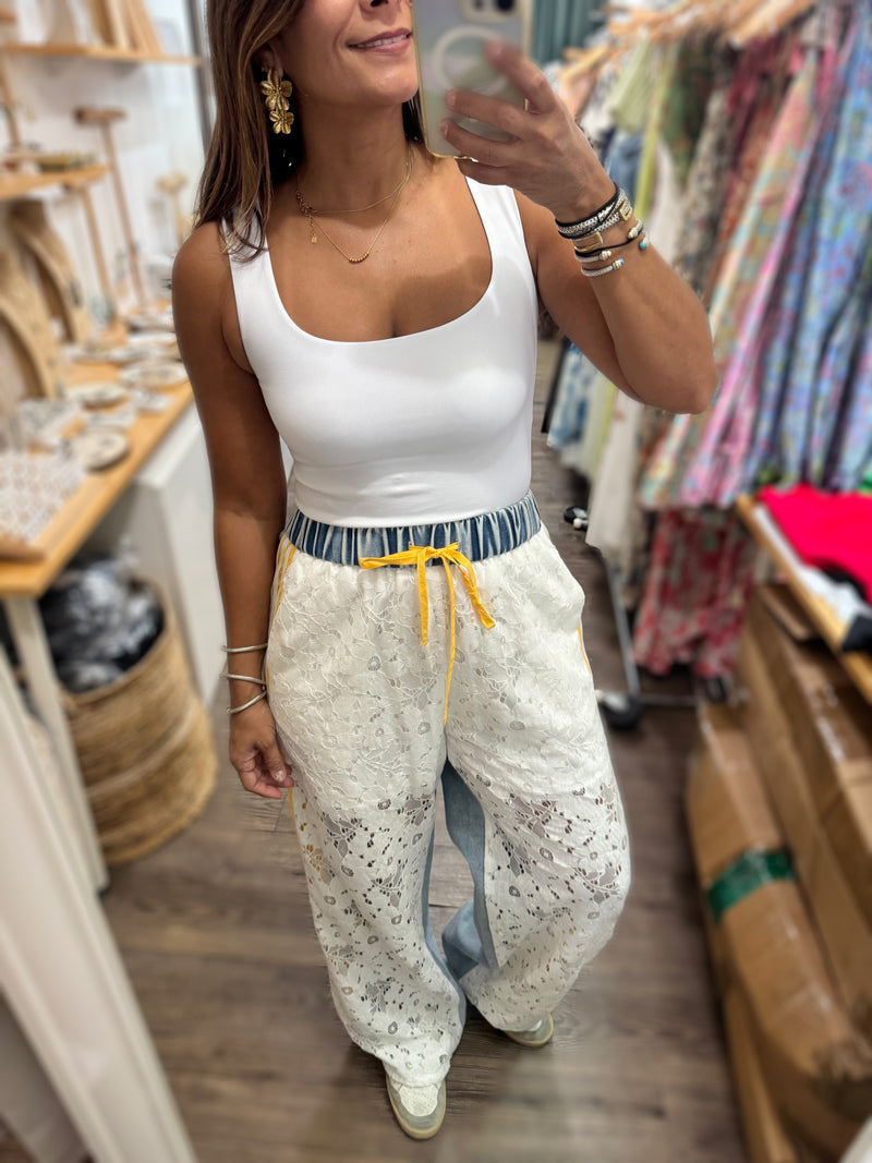 Lace & Denim Contrast Side Detail Pant