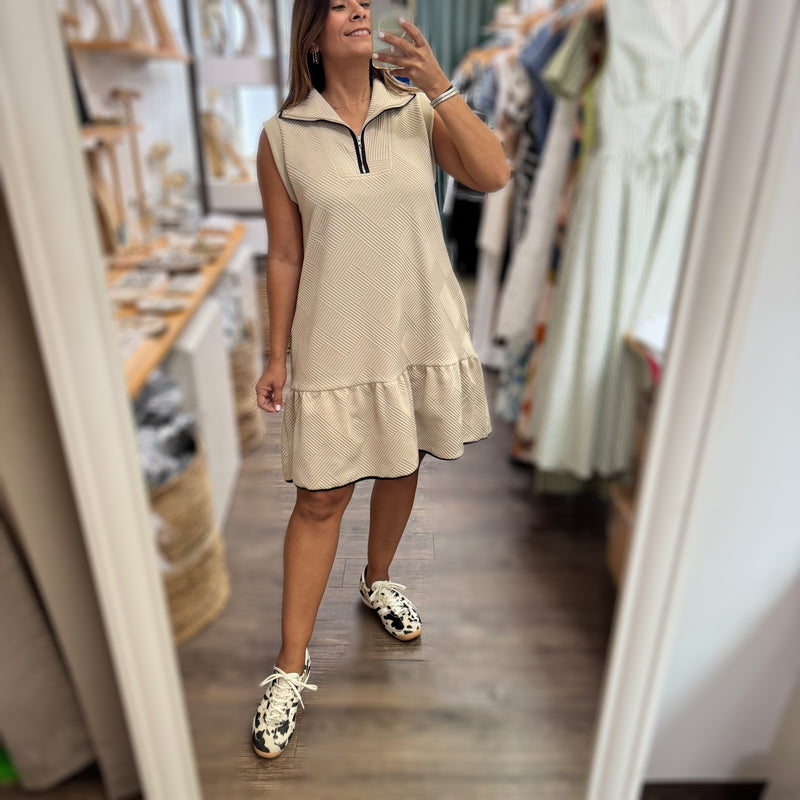 Beige Drop Waist Textured Dress