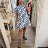 Blue Geometric Print Shirt Dress