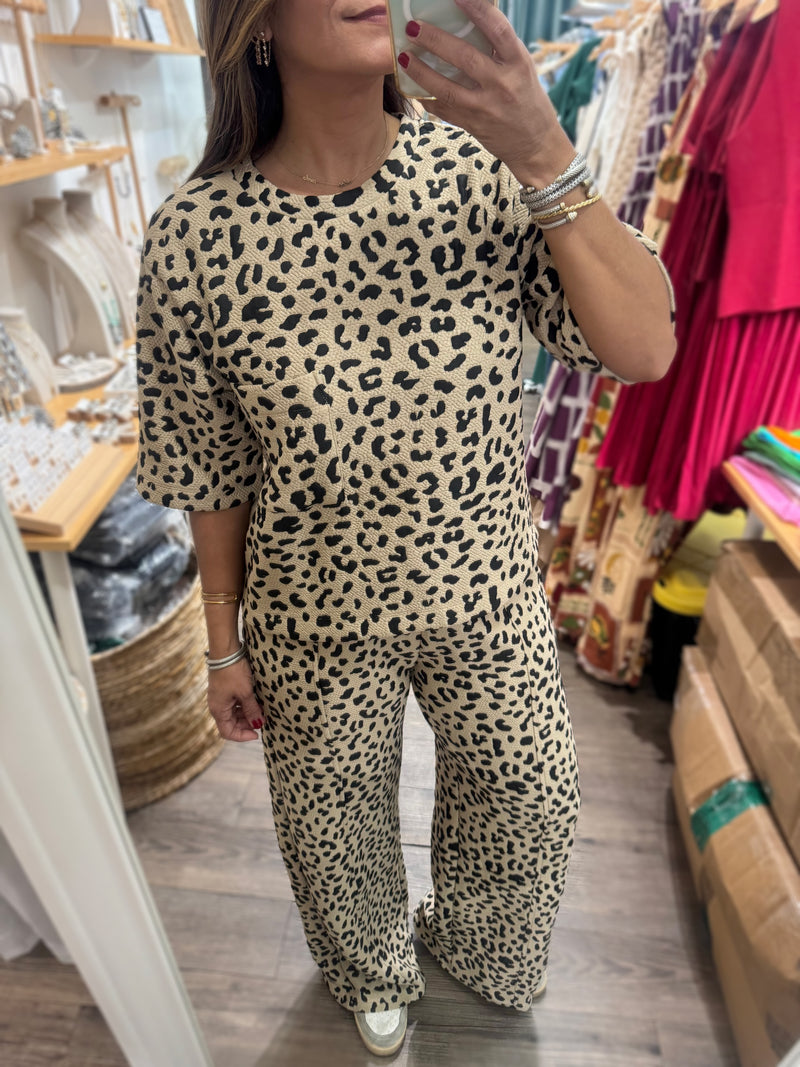 Leopard Print Textured Top & Pant Set