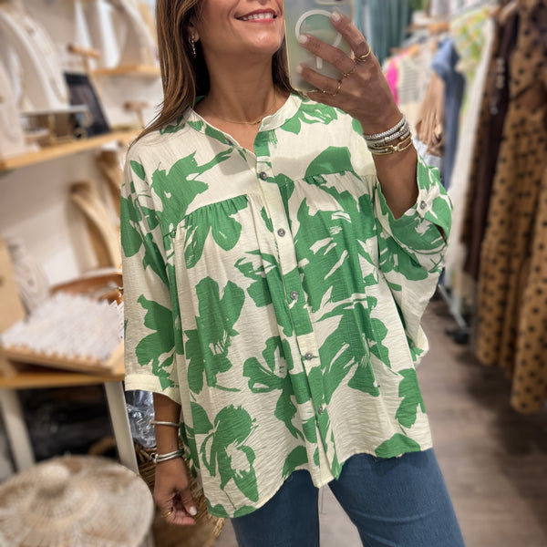 Green Print Dolman Sleeves Top