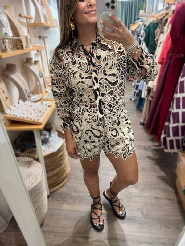 Leopard Print & Lace Top & Shorts Set