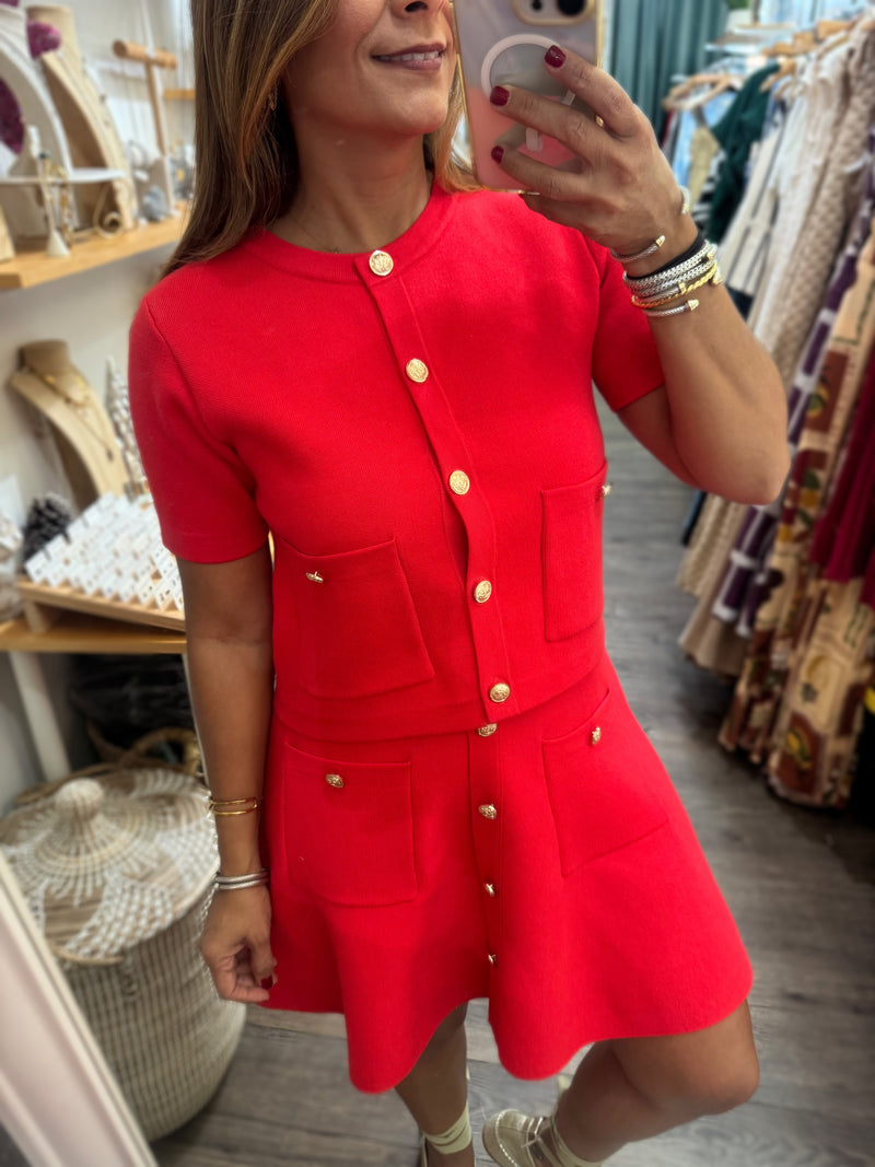 Red Gold Buttons Top & Skirt Set