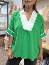 Green & White Collared Neck Top