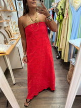 Red Strapless Eyelet Dress