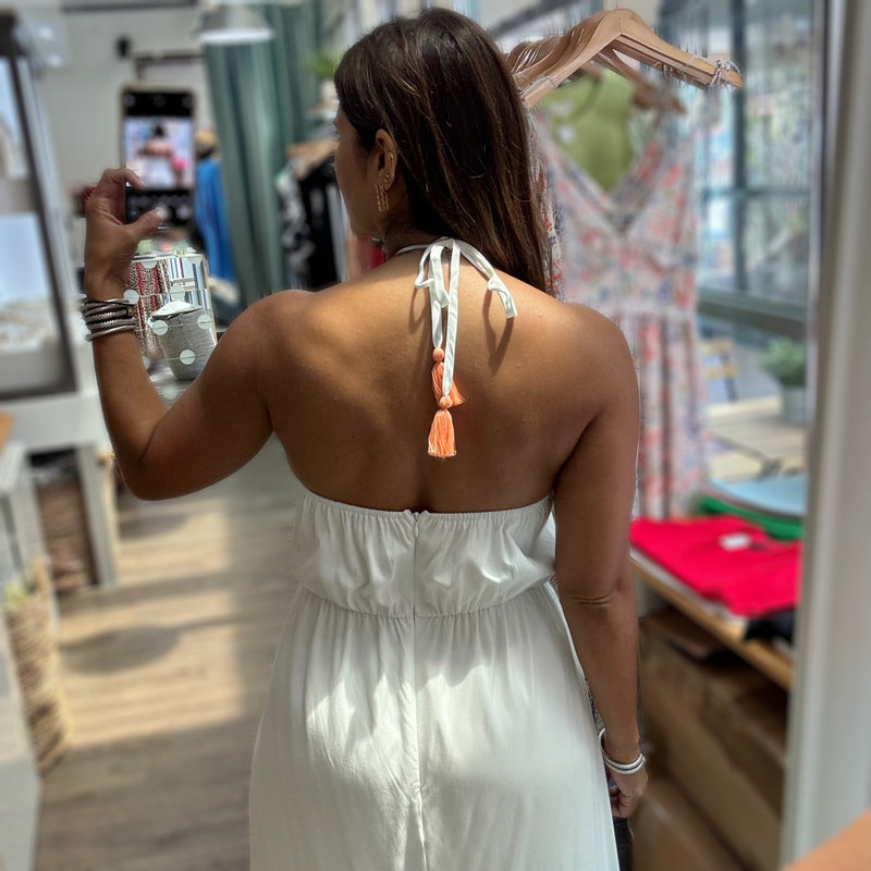 White Embroidered Halter Maxi Dress