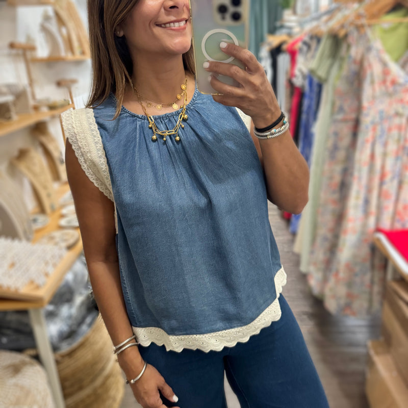 Dark Denim Chambray w/Lace Detail Top