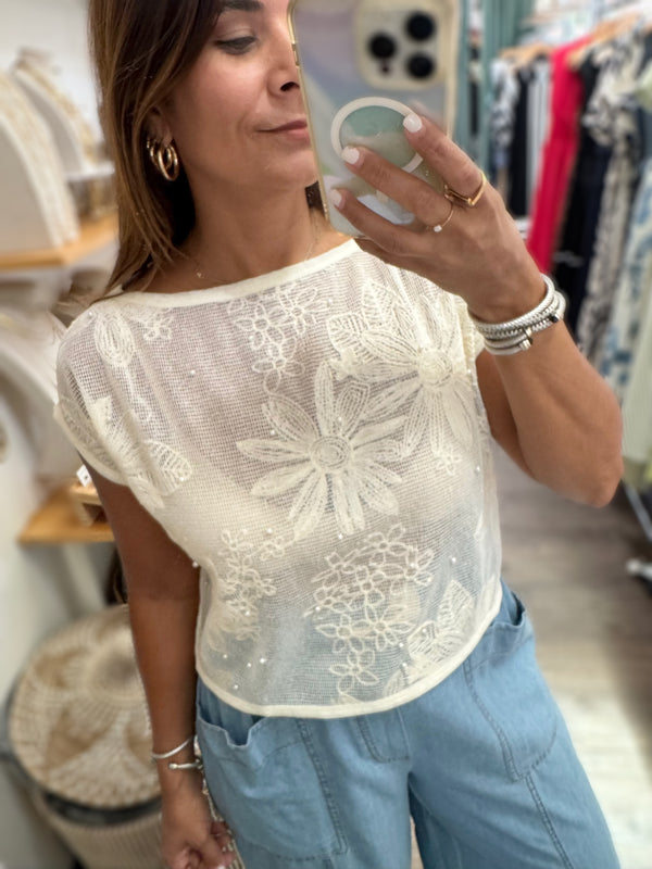 Beige Floral Lace Top