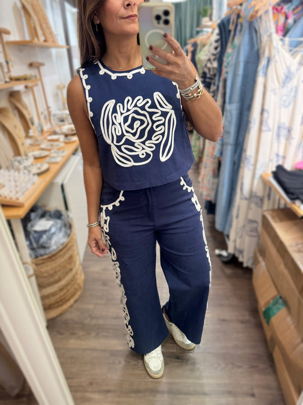 Navy Embroidered Detail Top & Pant Set