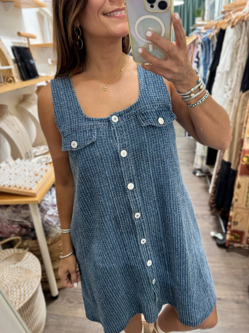 Denim Square Neck Textured Dress