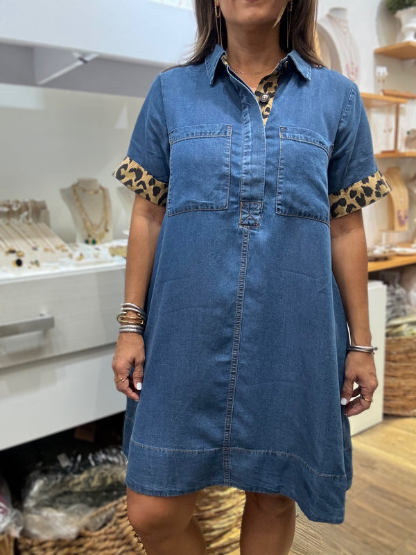 Denim & Leopard Detail Dress