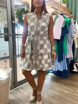 Navy Gingham & Embroidered Dress