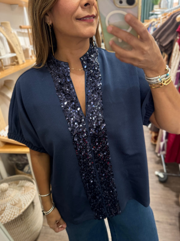 Navy Sequin Detail Textured Top
