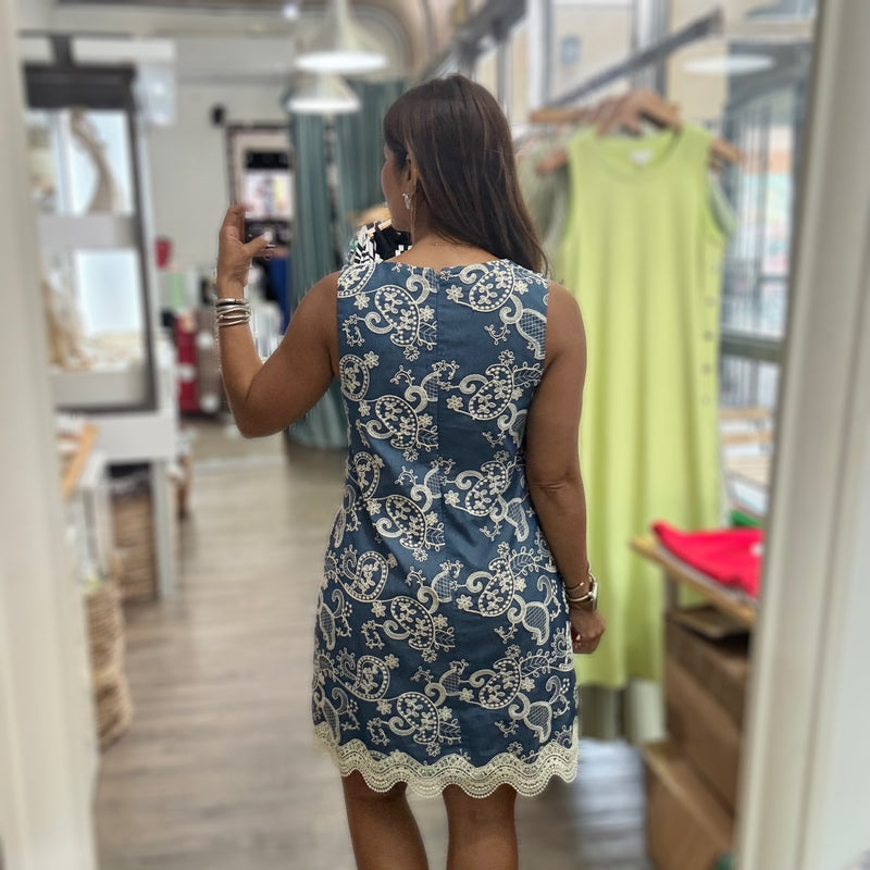 Chambray Embroidered Shift Dress
