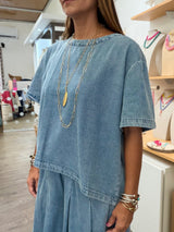 Denim Hi-Lo Top & Drawstring Pants